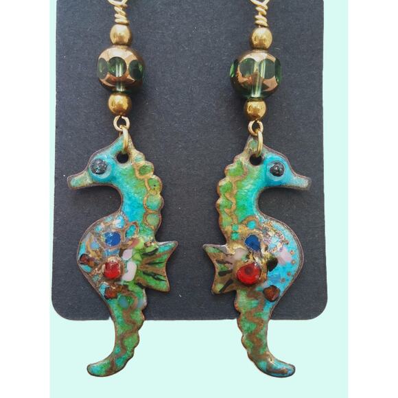 Artisan Colorful Enamel Seahorse Earrings Whimsical Creature Statement Beaded - Picture 3 of 9